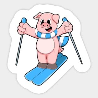 Pig as Skier with Ski Scarf & Ski poles Sticker